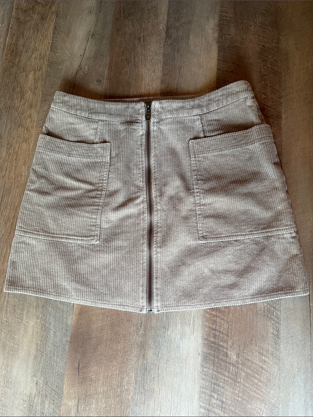 She & Sky Corduroy Front-Zip Pocket Mini Skirt in Taupe Large